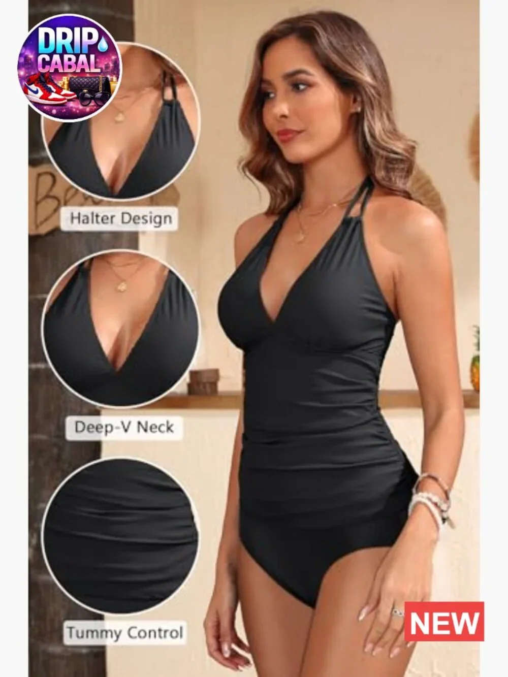 Halter Tankini Top V Neck Swim Top Tummy Control Bathing Suit